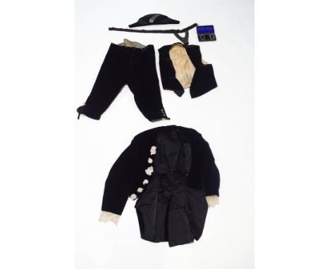 A part Court dress uniform, comprising: velvet waistcoat, breeches and jacket, a pair of shoe buckles, cased, cocked hat, bra