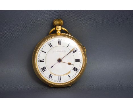 W.Corke & Son, Wolverhampton, an 18 carat gold open faced pocket watch with stop watch action, Chester, date letter rubbed, t