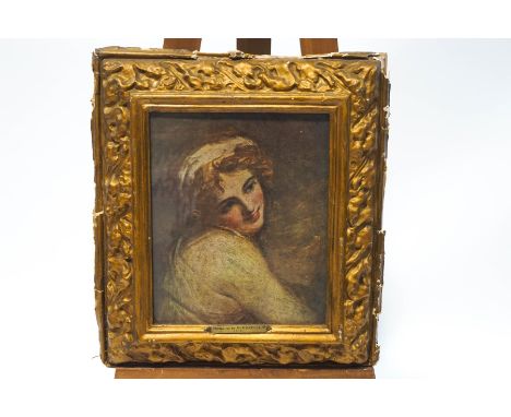 A print of a coquetish young lady, within a decorative gold painted cushion frame, 61cm x 54cm overall