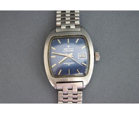 Zenith, a lady's steel automatic wrist watch, the TV shaped blue dial with date aperture at three o'clock, on a later bracele