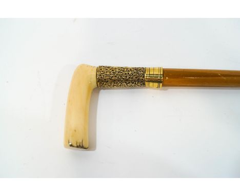 A walking stick with ivory handle and gold coloured collar