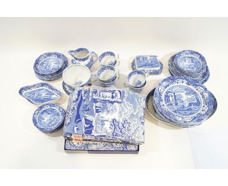 A Spode Italian Pattern part-dinner service, including a butter dish, cups, dinner plates, side plates, tea towels and place 