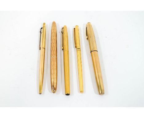 A Sheaffer fountain pen with 14K nib, a further Sheaffer fountain pen with red and gold tone patterned body, a slim Olibri fo
