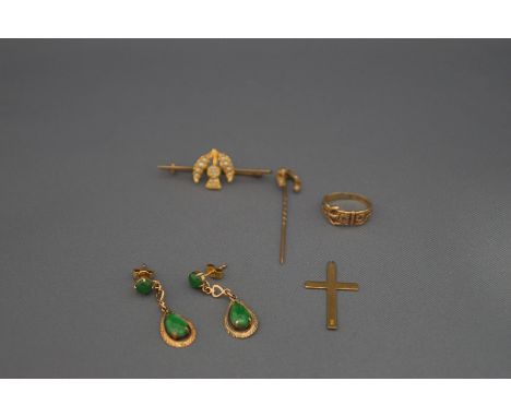 A pair of jade drop earrings; a seed pearl thistle motif bar brooch; a 9 carat gold buckle ring; a horse shoe stick pin; and 