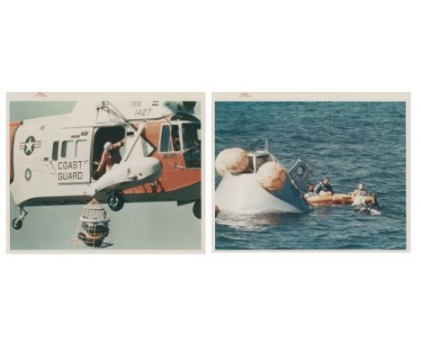 
	
		Two views of the Apollo 8 crew, William Anders, James Lovell and Frank Borman, during the water egress training before t