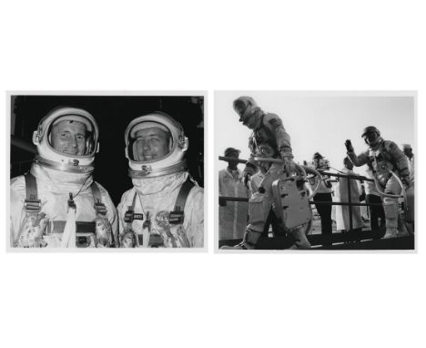 
	
		Two pre-launch views of the crew, James McDivitt and Ed White, with further two views of the lift off and the mission co