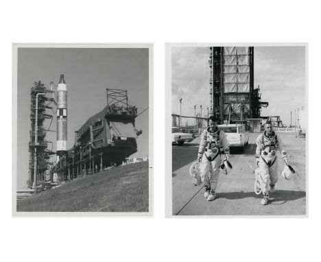 
	
		Two pre-launch views of the crew, Gus Grissom and John Young, and and the Titan rocket on the launch pad
		Gemini 3, Mar