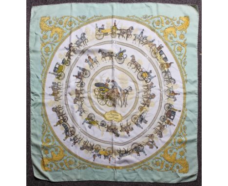 A Hermes 'La Promenade De Longchamps' silk scarf designed by Phillipe Ledoux, Hermes, Paris, 89cm x 89cm