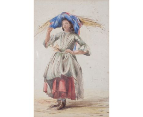 Circle of John Linnell, British (1792-1882), watercolour portrait  of a girl carrying a wheatsheaf, in gilt frame, 25cm x 20c