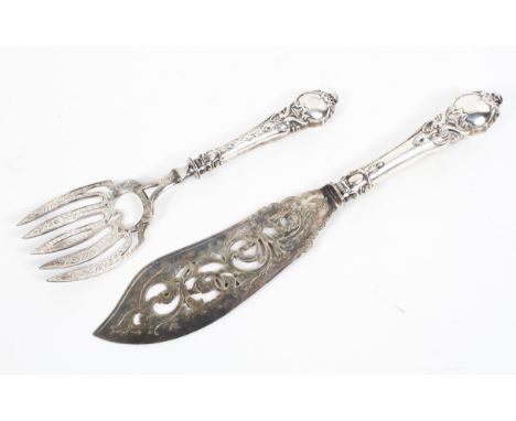 A sterling silver handled cake knife and fork set, Birmingham 1849