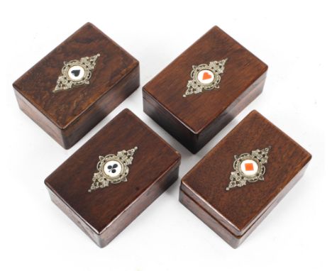 A selection of 19th century stained ivory and Chinese mother of pearl gaming counters in four stained oak white metal and ena