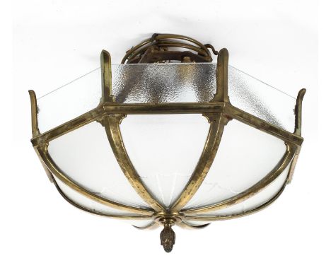 A Victorian style octagonal section brass-mounted four-light ceiling light, with frosted glass shade, fitted for electricity,