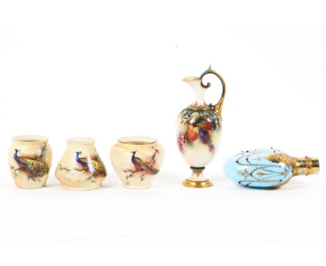 A Worcester (Hadley's) ewer, three Worcester (Locke &amp; Co) small vases and a Continental 30 jewelled opaque blue glass fla