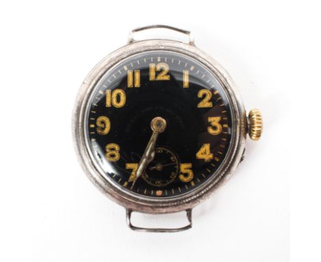 A sterling silver First World War trench wristwatch, circular case measuring 34.0mm approximately, black dial with yellow num