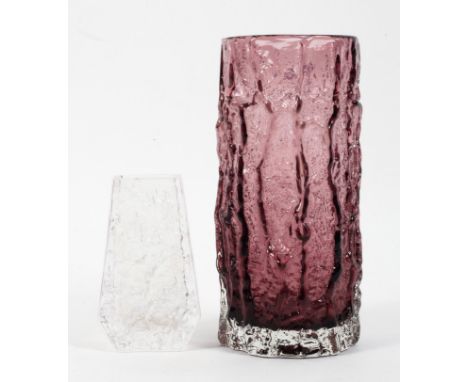 Two Whitefrairs bark-moulded vases, circa 1960, the first amethyst tint, of cylindrical form, 23 cm high, together with a sma
