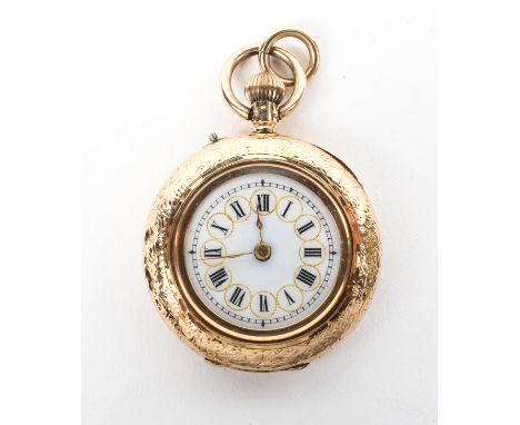 A ladies 14ct gold cased ladies fob watch, the enamel dial with Roman numerals denoting hours, 19.9g