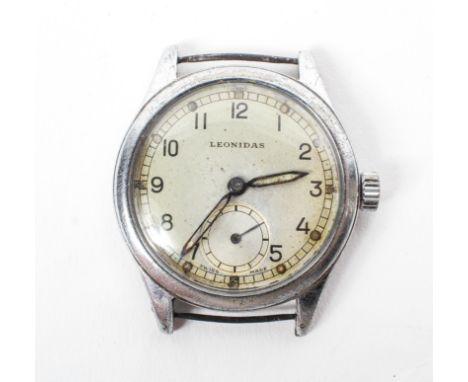 A Leonidas (pre Heuer) British Military wristwatch, subsidiary second dial luminous hands and railroad minute track, silvered