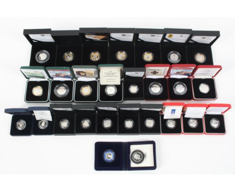 Silver coins - Proof Piedfort £1, £2 and other examples of silver and enamel collectors coins. 