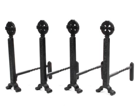 Two pairs of iron fire dogs, with Celtic cross finials, 53cm high, 43cm long 