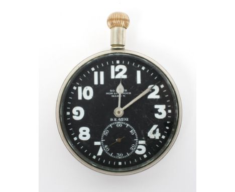 A large open face military pocket watch, 50.0mm case with black dial and numerical markings, dial marked '30 hour non luminou