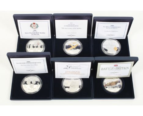 Silver coins - six proof 5oz collectors coins. with enamel decoration, in presentation boxes, with COA. 