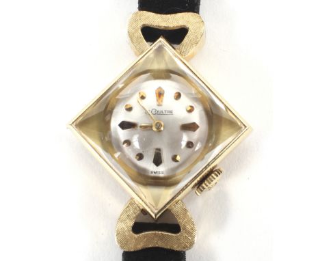 A vintage ladies 14ct gold cased Le Coultre wristwatch, the case of square form, the dial with baton and dot hour markers, on