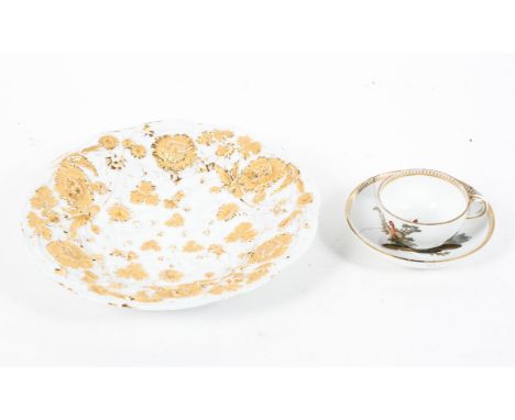 A Meissen (Marcolini) tea cup and saucer and a later moulded dish, circa 1790, blue crossed swords and star marks, the dish m