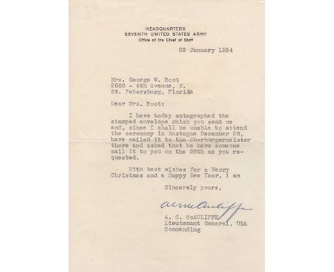 MCAULIFFE ANTHONY C.: (1898-1975) American General of World War II, e is famous for his single word reply, 'Nuts!', to a Germ