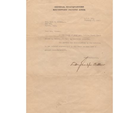 MACARTHUR DOUGLAS: (1880-1964) American General of World War II. War date T.L.S., Douglas MacArthur, one page, 4to, General H