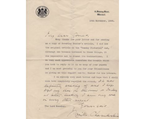 CHAMBERLAIN NEVILLE: (1869-1940) British Prime Minister 1937-40. War date T.L.S., Neville Chamberlain, one page, 4to, 10 Down