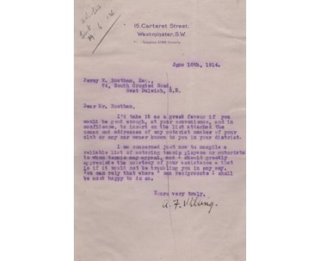 WILDING ANTHONY: (1883-1915) New Zealand Tennis Player, Wimbledon Champion 1910, 1911, 1912 & 1913. Rare T.L.S., A. F. Wildin