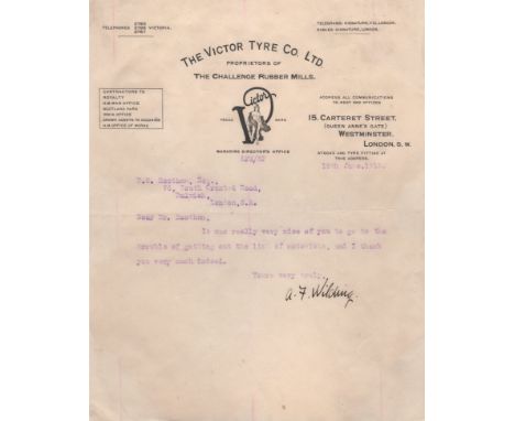 WILDING ANTHONY: (1883-1915) New Zealand Tennis Player, Wimbledon Champion 1910, 1911, 1912 & 1913. Rare, brief T.L.S., A. F.