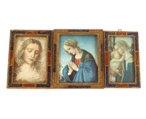 Three Old Master style coloured prints, in decorative gilt heightened frames