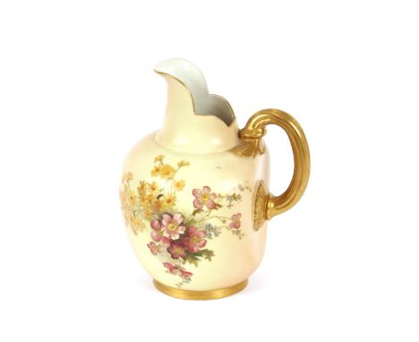 A Royal Worcester jug, having floral decoration on a blush ivory ground, heightened in gilt