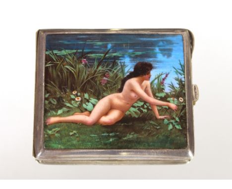 A plated cigarette case, with enamel decoration depicting a nude girl beside a lake