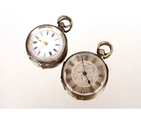 A continental white metal ladies fob watch, with decorated enamel dial; and a larger similar with foliate engraved dial (2)