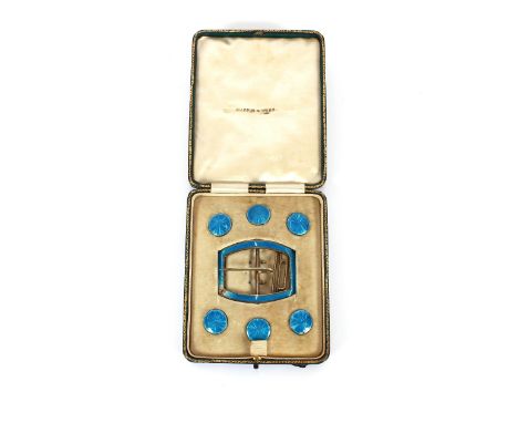 An Edwardian silver gilt and enamel decorated buckle and button set, by Mappin &amp; Webb, cased, AF