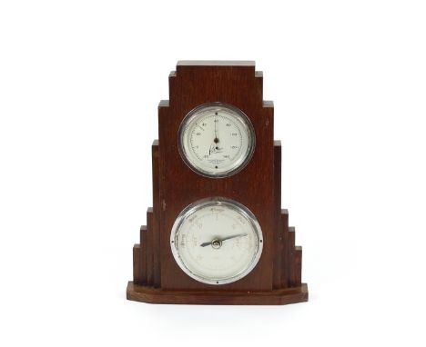 An oak skyscraper design barometer / thermometer set, 31cm high