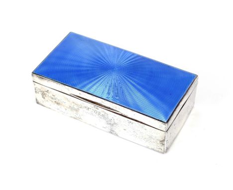 An Art Deco silver and blue enamel cigarette box, presentation inscription and wooden lined interior, 18cm long, Birmingham 1