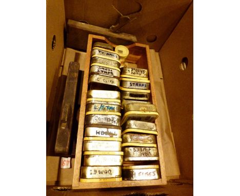 Large wooden carpenter's box with tools