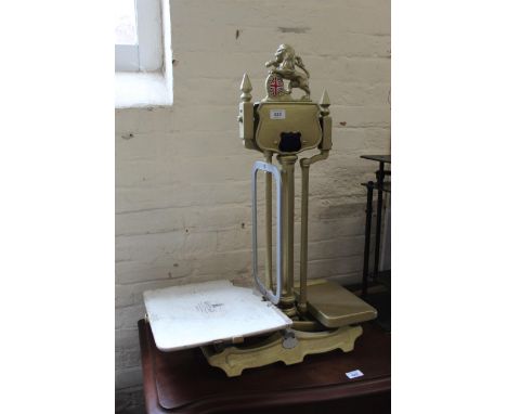 Late 19th Century scales, gilt iron with porcelain plate by Herbert &amp; Sons