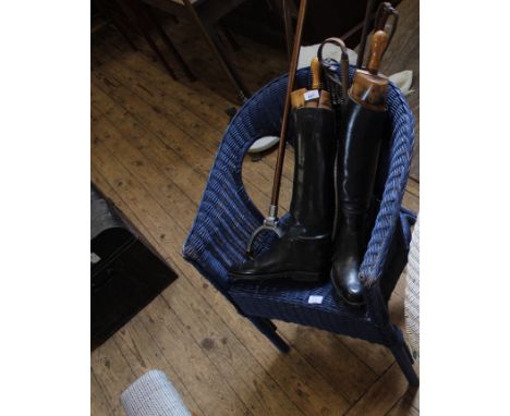 A vintage Lloyd Loom style chair, a pair of riding boots (approx. size 8) together with riding crops etc