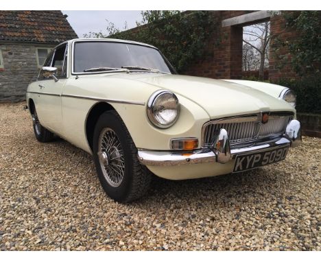 A 1966 MG B GT, registration number KYP 509D, chassis number GHD 397204, engine number 18GBRVH51858, white. Introduced in 196