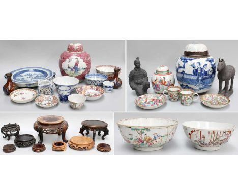 A Chinese Ginger Jar, two 18th century punch bowls, and other Chinese ceramics, etc (three trays) Blue and white Ginger jar -