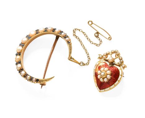A Victorian Sapphire and Split Pearl Crescent Brooch, measures 3.7cm by 3.7cm; and An Edwardian Enamel and Split Pearl Heart 