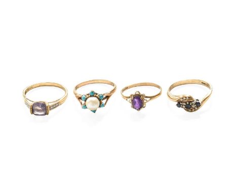 Four 9 Carat Gold Rings, including a cultured pearl and turquoise cluster example, finger size Q; two amethyst examples, fing