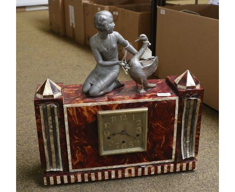 An Art Deco Style Figural Mantel Clock, faux tortoiseshell and surmounted with a figure of Leda and the Swan
