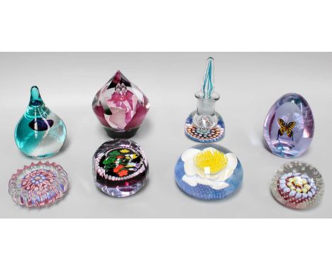 Seven Glass Paperweights and a Perthshire Inkwell, including Caithness limited edition examples with certificates and John De