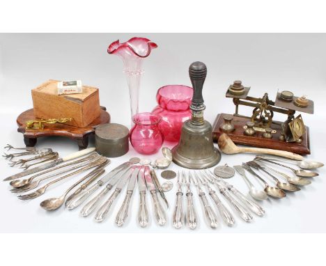 Silver Sovereign Case, other silver and silver plated flatware, scales, cranberry glass, etc