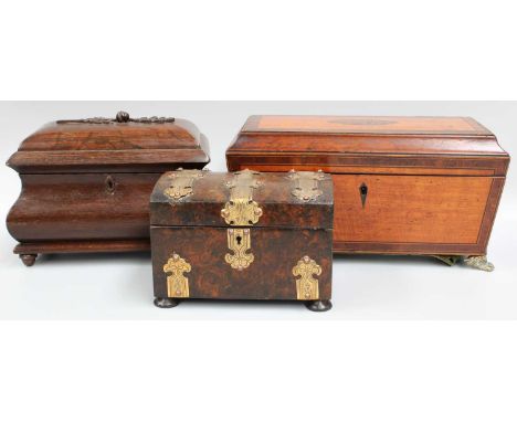 A Simulated Burr Wood Dome Top Tea Caddy, with engraved gilt metal strapwork, 18cm wide; together with a Regency satinwood te